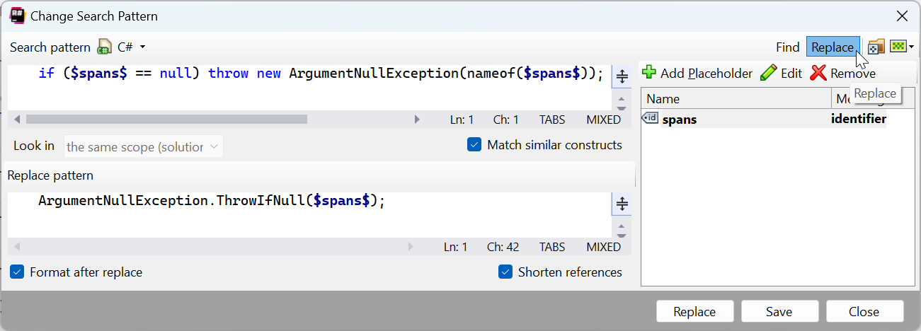 ReSharper Search With Pattern Replace
