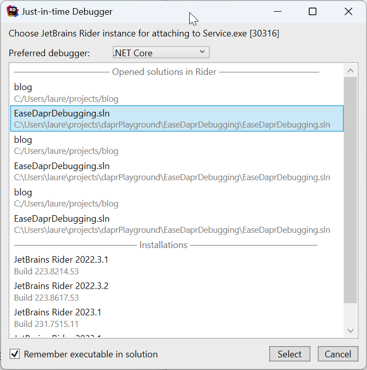 Rider Just In Time Debugger